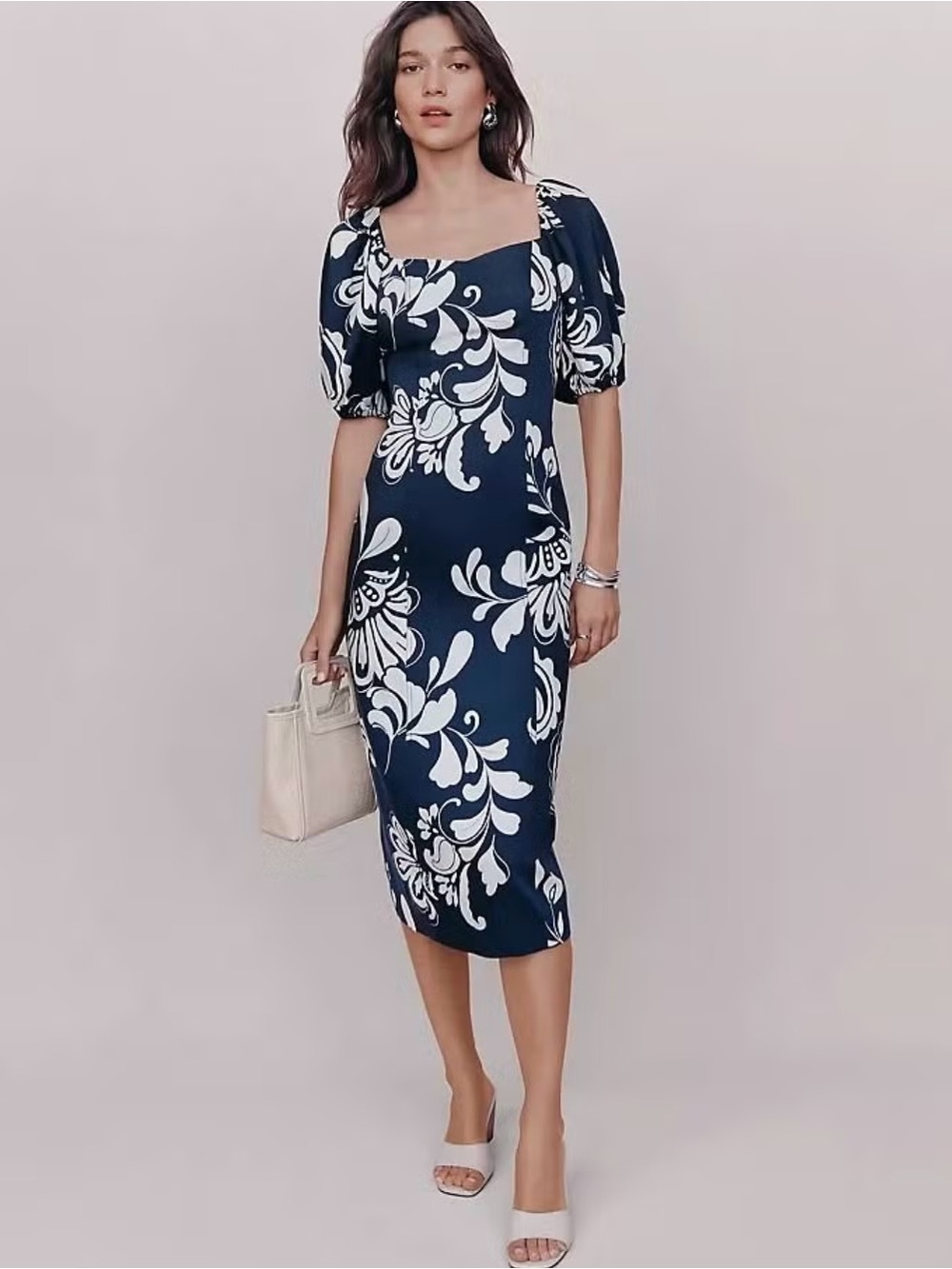 NWT Ann Taylor Navy and White Floral Puff-Sleeve Midi Dress
